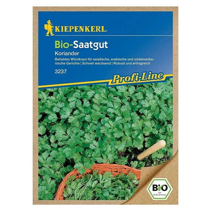 Kiepenkerl Profi-Line Kräutersamen Bio Koriander - Coriandrum sativum, Saatzeit: April, Erntezeit: Mai - Das Bild zeigt eine Packung Bio-Saatgut Koriander von Kiepenkerl.