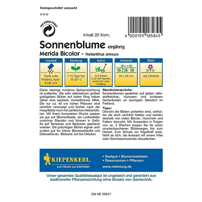 Kiepenkerl Profi-Line Blumensamen Sonnenblume - Helianthus annuus, Merida Bicolor, Blütezeit: Juli - Sämereipackung Sonnenblume 'Merida Bicolor' für den Anbau von einjährigen, goldgelben Sonnenblumen mit rotem Ring.