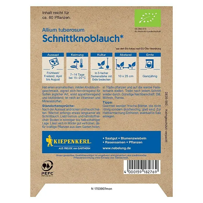 Kiepenkerl Profi-Line Kräutersamen Bio Schnittknoblauch - Allium tuberosum, Saatzeit: April, Erntezeit: Ganzjährig - Bild einer Samenpackung für Schnittknoblauch von Kiepenkerl mit Anweisungen für Aussaat, Pflege und Ernte.