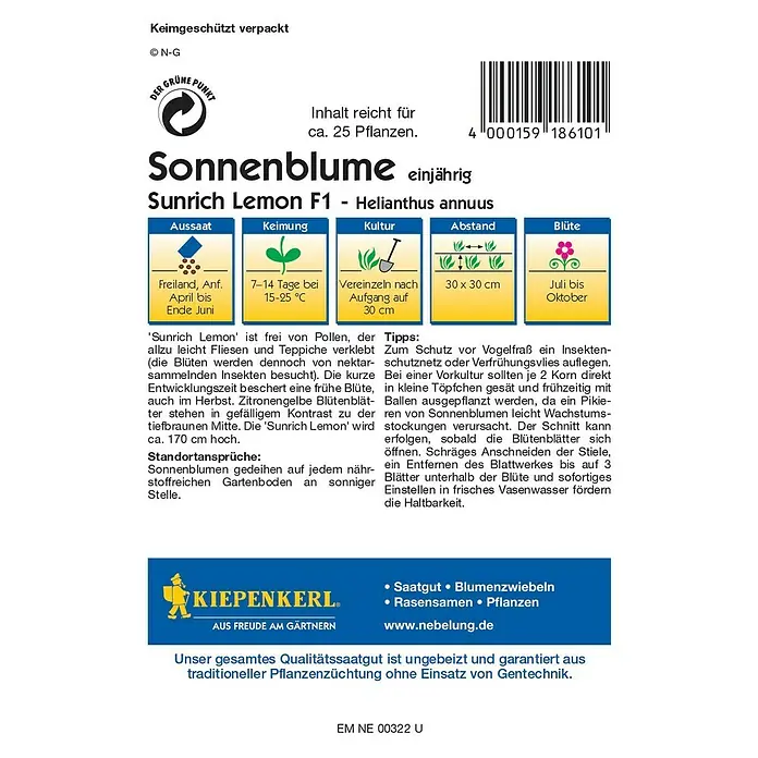 Kiepenkerl Profi-Line Blumensamen Sonnenblume - Helianthus annuus, Sunrich Lemon, Blütezeit: Juli - Sonnenblumen-Samenpackung 'Sunrich Lemon F1' – Einjährige Sorte mit zitronengelben Blüten und einfacher Anbauanleitung.