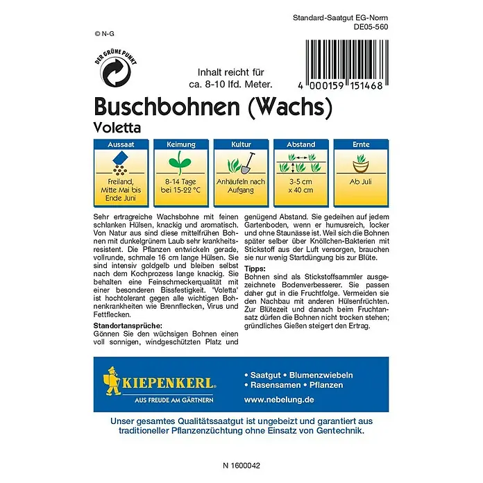 Kiepenkerl Gemüsesamen Buschbohne - Voletta, Phaseolus vulgaris var. nanus, Erntezeit: Juli - Samenpackung Buschbohnen (Wachs) Voletta. Anbauhinweise, Erntezeitpunkt und Eigenschaften der ertragreichen Sorte.