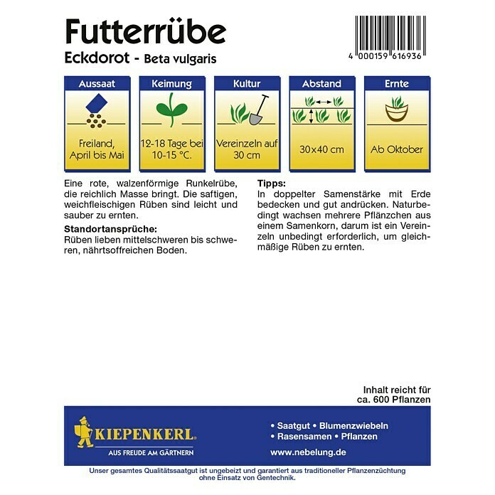 Kiepenkerl Saatgut FutterrübeEckdorot, 35 g Back View