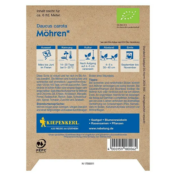 Kiepenkerl Profi-Line Gemüsesamen Bio Möhre - Lagermöhre, Daucus carota ssp. sativus, Erntezeit: September - Abbildung einer Saatguttüte Kiepenkerl Möhren.