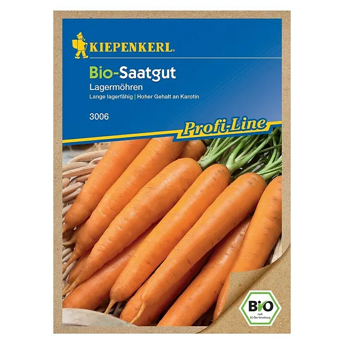 Kiepenkerl Profi-Line Gemüsesamen Bio Möhre - Lagermöhre, Daucus carota ssp. sativus, Erntezeit: September - Bild einer Saatguttüte für Bio-Lagermöhren der Marke Kiepenkerl. Die Möhren sind lange lagerfähig und haben einen hohen Karotingehalt.
