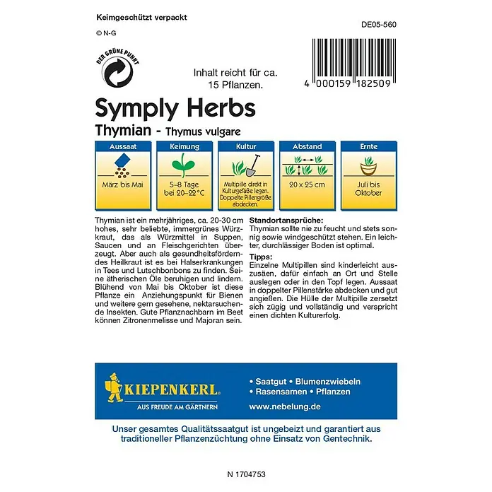 Kiepenkerl Profi-Line Kräutersamen Thymian Simply Herbs - Thymus vulgaris, Saatzeit: März, Erntezeit: Juli - Bild der "Symply Herbs" Thymian-Samenpackung mit Infos zu Aussaat, Keimung, Kultur, Abstand und Ernte.