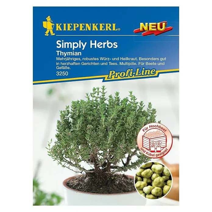 Kiepenkerl Profi-Line Kräutersamen Thymian Simply Herbs - Thymus vulgaris, Saatzeit: März, Erntezeit: Juli - Bild einer Packung Kiepenkerl Simply Herbs Thymian-Samen, ideal für Kräuterbeete und zur Aromatisierung von Speisen.