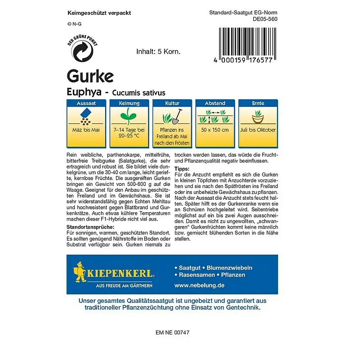 Kiepenkerl Profi-Line Gemüsesamen Salatgurke - Euphya, Cucumis sativus, Erntezeit: Juli - Abbildung einer Gurken-Samenpackung der Sorte 'Euphya' von Kiepenkerl, einem Qualitätssaatgut für ertragreiche, bitterfreie Treibgurken.