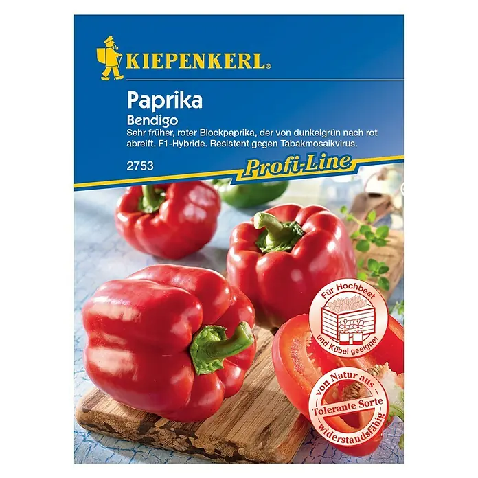 Kiepenkerl Profi-Line Gemüsesamen Blockpaprika - Bendigo, Capsicum annuum, Erntezeit: August - Bild einer Kiepenkerl Paprika Bendigo Samenpackung. Die Packung zeigt saftige, rote Paprika und Produktinformationen.