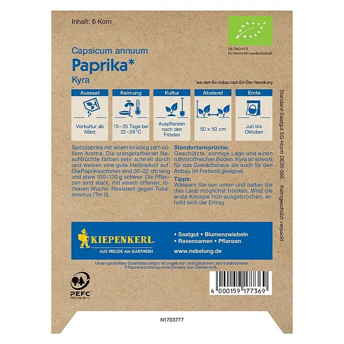 Kiepenkerl Profi-Line Gemüsesamen Spitzpaprika - Kyra, Capsicum annuum, Erntezeit: Juli - Abbildung einer Saatguttüte für 'Capsicum annuum Paprika Kyra', ideal für den Anbau von Paprika mit knackig-süßem Aroma im eigenen Garten.