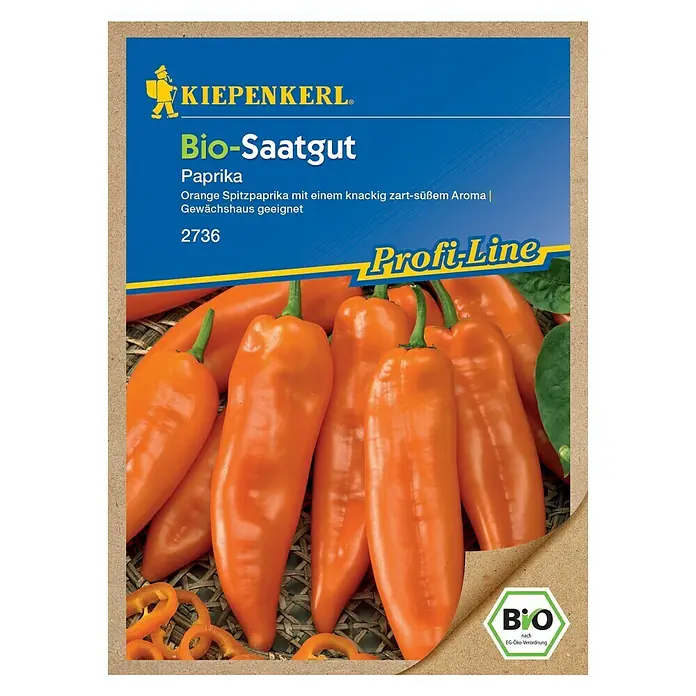 Kiepenkerl Profi-Line Gemüsesamen Spitzpaprika - Kyra, Capsicum annuum, Erntezeit: Juli - Samenpackung für orange Paprika. Die Sorte "Orange Spitzpaprika" ist für Gewächshäuser geeignet und hat ein knackig zart-süßes Aroma.