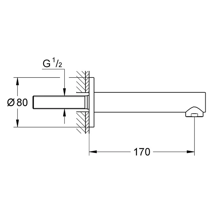Grohe Concetto UP-Wanneneinlauf - Chrom, Glänzend - Technische Zeichnung eines Wasserhahns mit den Maßen Durchmesser 80 und Länge 170 und der Angabe G 1/2.