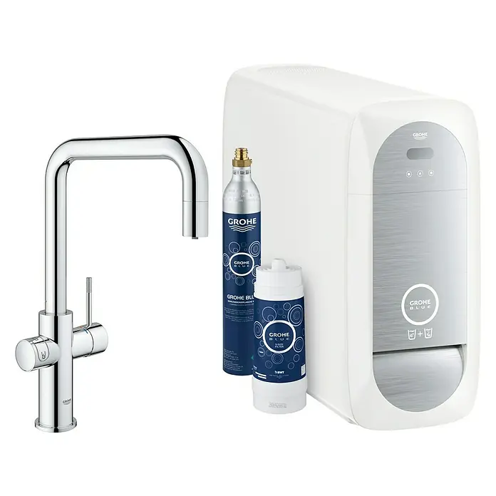 Grohe Spültischarmatur Blue Home - Höhe: 39,3 cm, U-Auslauf, Chrom, Glänzend, Ausziehbar - Das Grohe Blue Wassersystem mit Armatur, Kühlung und Filter für reinstes Trinkwasser direkt aus dem Wasserhahn.