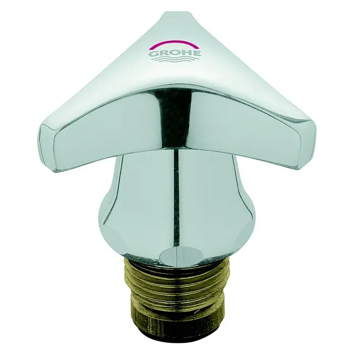 Grohe Hahnoberteil Atlanta Trecorn - ½″, Chrom/Rot - Nahaufnahme eines Grohe Wasserhahn-Oberteils, glänzend verchromt mit goldenen Gewinden, vor einem schwarzen Hintergrund.