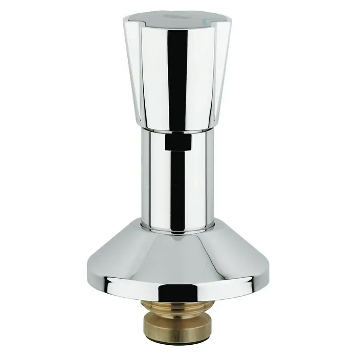 Grohe Costa Hahnoberteil - 1″, Chrom/Blau - Nahaufnahme eines glänzenden, verchromten Wasserhahns mit schwarzem Hintergrund.