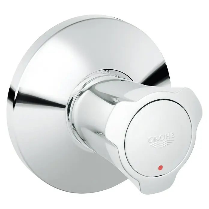 Grohe Costa UP-Ventil - Chrom/Rot, Einbautiefe: 20 mm - 80 mm, Glänzend - Nahaufnahme einer glänzenden, verchromten Grohe Duscharmatur mit rotem Punkt, die für moderne Badezimmer konzipiert wurde.