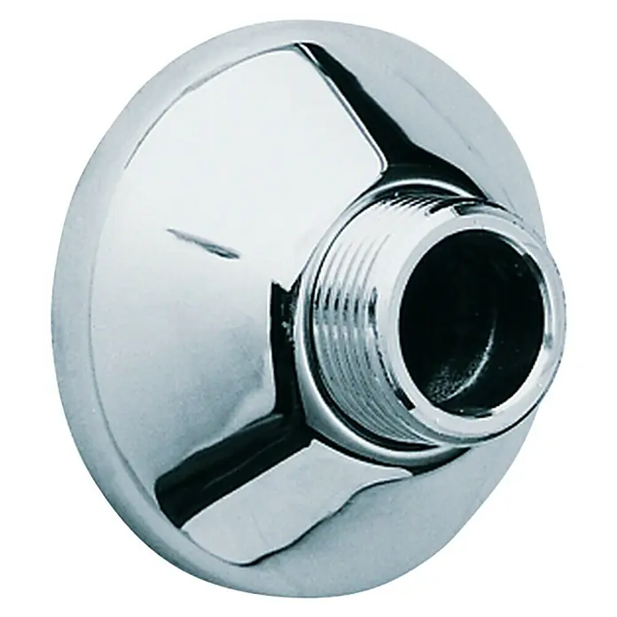 Grohe S-Anschluss - Chrom, Außengewinde: 1″, Innengewinde: ¾″ - Nahaufnahme eines verchromten Duschkopfanschlusses mit Gewinde für eine sichere und wasserdichte Verbindung im Badezimmer.