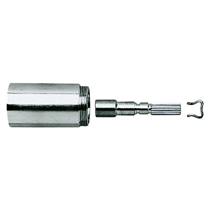 Grohe Verlängerungs-Set - Chrom, Länge: 4 cm - Einzelteile eines Wasserhahnventils aus glänzendem Metall, bestehend aus Gehäuse, Spindel und Befestigungsclip.