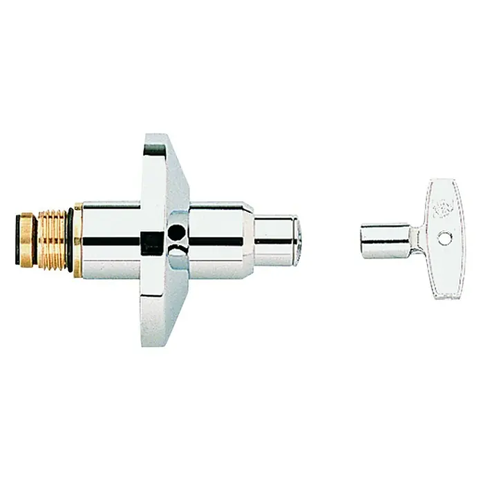 Grohe Steckschlüssel - Chrom, Anschlussgewinde: ½″ - Ventil mit Schlüssel. Das glänzende Ventil hat ein Gewinde und einen Vierkant, der Schlüssel dient zur Betätigung des Ventils.