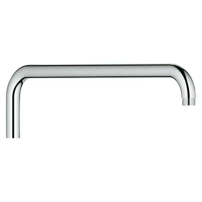 Grohe Rainshower Brausearm - Länge: 34 cm, ½″, Rund - Nahaufnahme eines verchromten Wasserhahnauslaufs, der sich durch sein glänzendes Finish und minimalistisches Design auszeichnet.