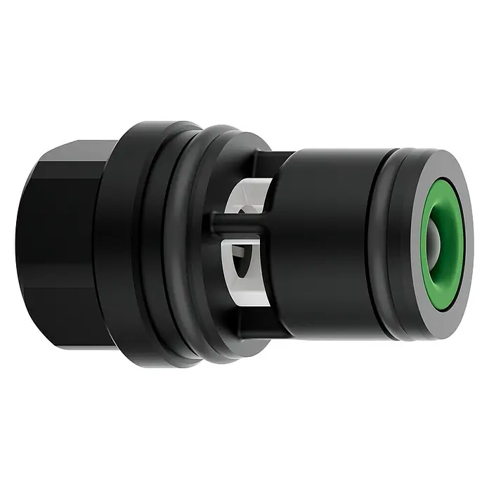Grohe Vorabsperrung Rapido Smartbox - Schwarz - Detailaufnahme eines schwarzen Druckentlastungsstopfens mit grüner Öffnung. Ideal zur Druckregulierung in verschiedenen Anwendungen.
