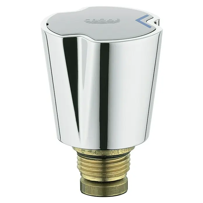 Grohe Costa Hahnoberteil - ½″, Chrom/Blau, Höhe: 8 cm, Gesamtstückzahl: 1 Stk. - Naheaufnahme eines GROHE Wasserhahn-Griffs mit Chromoberfläche und blauem Pfeil, der die hohe Qualität und das Design des Produkts hervorhebt.
