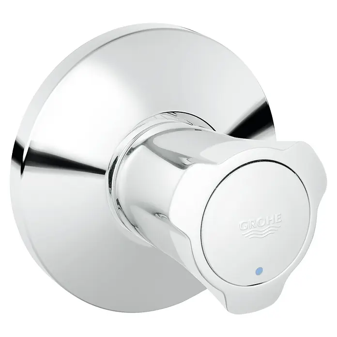 Grohe Costa UP-Ventil - Chrom/Blau, Einbautiefe: 20 mm - 200 mm, Glänzend - Nahaufnahme eines glänzenden, verchromten Grohe Wasserhahns mit blauem Punkt. Das elegante Design wertet jedes Badezimmer auf.