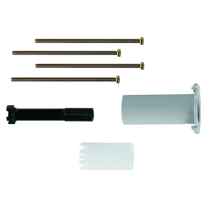 Grohe Verlängerungs-Set Rapido Smartbox - 12 -tlg. - Detailaufnahme von Sanitärzubehör, bestehend aus Schrauben, einem Bolzen und Kunststoffhülsen, ideal für Reparaturen oder Installationen im Bad.
