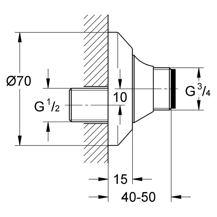 Grohe S-Anschluss - Chrom, ¾″ - Technische Zeichnung einer Grohe Armatur mit Maßangaben zur Installation.  Durchmesser 70 mm, Anschluss G 1/2 und G 3/4.