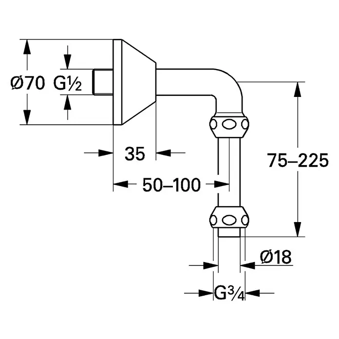 Grohe Abgangsbogen - Durchmesser: 18 mm, Außengewinde: 1 ½″ - Technische Zeichnung eines Wandanschlussbogens mit Maßangaben zu Durchmesser und Ausladung für Sanitärinstallationen.