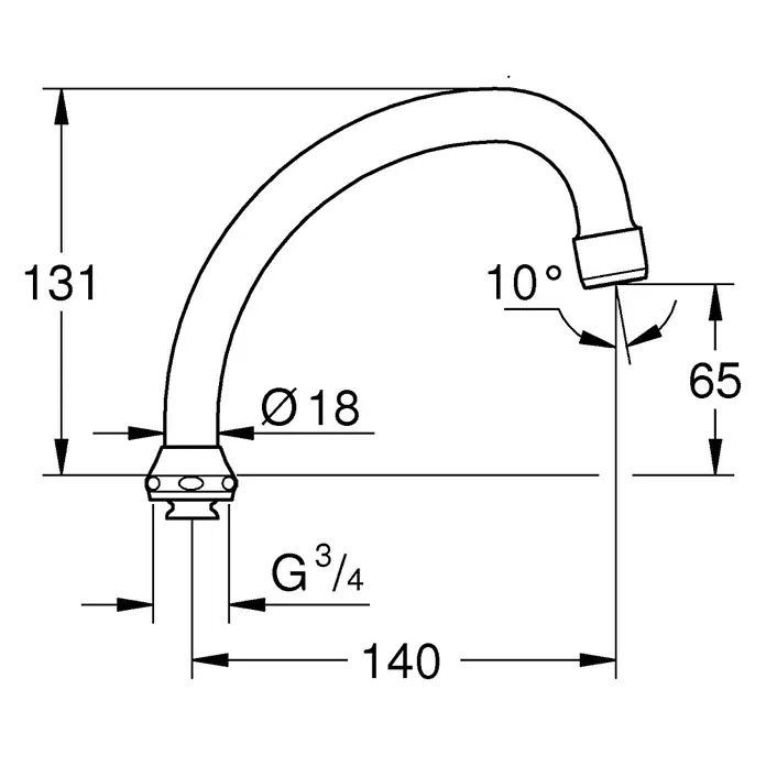 Grohe Rohrauslauf - Chrom, Messing, Ausladung: 140 mm, Ohne Anschlag - Technische Zeichnung eines Wasserhahn-Auslaufs mit Maßangaben und Gewinde, Durchmesser 18 mm, Höhe 131 mm.