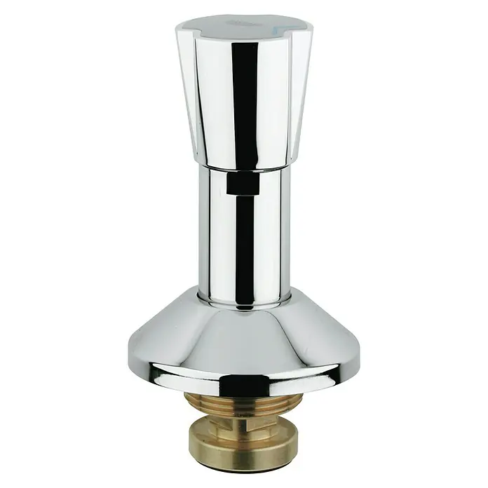 Grohe Costa Hahnoberteil - 1 ¼'″, Chrom/Blau - Nahaufnahme eines glänzenden Wasserhahn-Griffs.