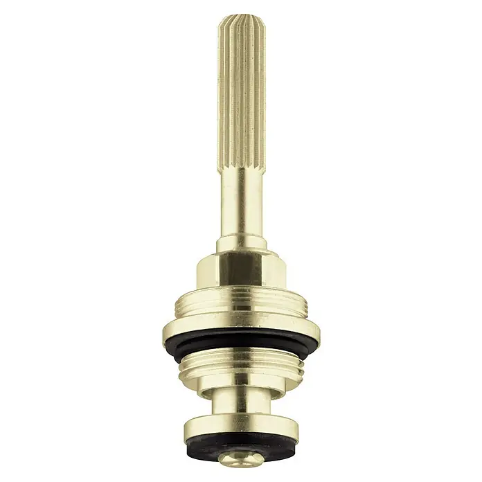 Grohe Oberteil - Anschlussgewinde: ¾″, Messing, Lange Spindel - Nahaufnahme einer goldenen Sanitärkeramik-Ventilkartusche mit Gewinde und schwarzem O-Ring, die für Sanitäranwendungen verwendet wird.