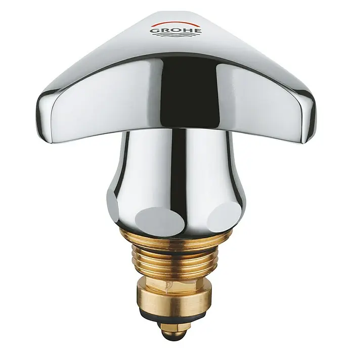 Grohe Hahnoberteil Atlanta Trecorn - ⅜″, Chrom/Rot - Detailaufnahme eines glänzenden Grohe Wasserhahn-Oberteils aus Chrom mit goldenen Akzenten vor schwarzem Hintergrund.