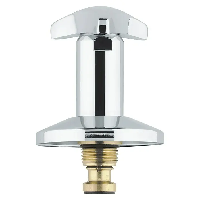Grohe Hahnoberteil Atlanta Trecorn - ¾″, Chrom/Blau, Höhe: 72 mm - Nahaufnahme eines glänzenden, verchromten Wasserhahngriffes mit goldenen Gewindeteilen, isoliert auf Schwarz.