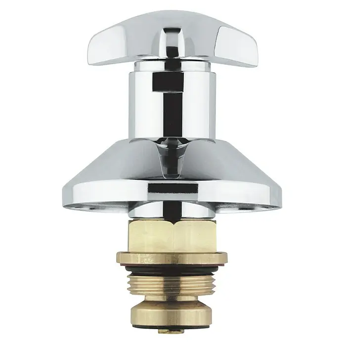 Grohe Hahnoberteil Atlanta Trecorn - 1″, Chrom/Blau, Höhe: 72 mm - Nahaufnahme eines verchromten Wasserhahngriffs mit Messingbasis und Gewindeanschluss, isoliert auf Schwarz.