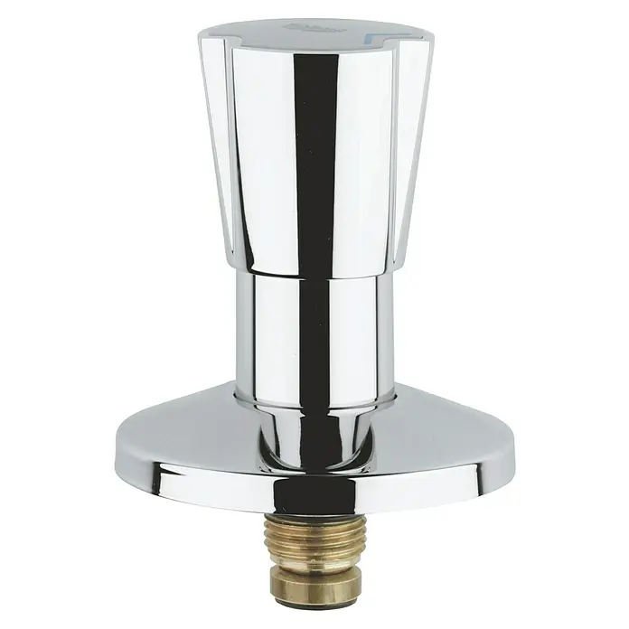 Grohe Costa Hahnoberteil - ½″, Chrom/Blau - Nahaufnahme eines glänzenden Wasserhahns aus Chrom mit einem goldenen Gewindeanschluss vor einem schwarzen Hintergrund.