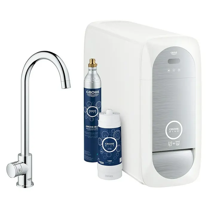 Grohe Spültischarmatur Blue Home Mono - Höhe: 37,9 cm, C-Auslauf, Chrom, Glänzend, Schwenkbar - Das Grohe Blue Wassersystem: Eine elegante Armatur, ein Kühler und Filter für gefiltertes, gekühltes Wasser mit oder ohne Kohlensäure.