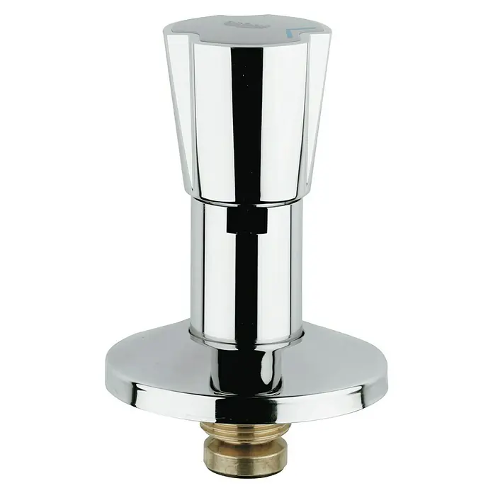 Grohe Costa Hahnoberteil - ¾″, Chrom/Blau - Nahaufnahme eines glänzenden Wasserhahns mit Chromoberfläche, der einen modernen und stilvollen Eindruck vermittelt.
