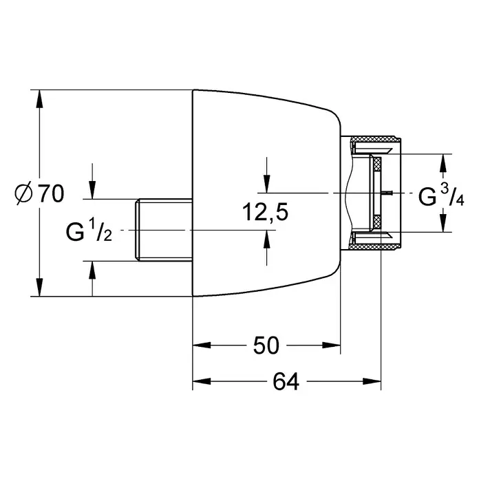 Grohe S-Anschluss - Chrom, Außengewinde: ¾″, Innengewinde: ½″, Oval - Technische Zeichnung einer Armatur mit Maßangaben für Durchmesser und Länge, ideal für Installationsanleitungen.