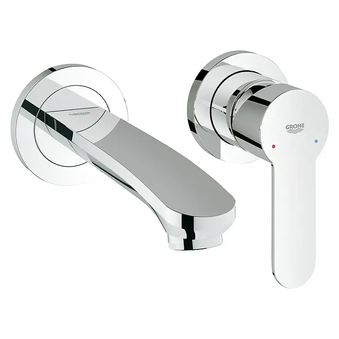 Grohe Eurostyle Cosmopolitan Waschtischarmatur - Wandmontage, Chrom, Glänzend - Nahaufnahme einer glänzenden, verchromten Grohe Armatur mit Hebel und roter/blauer Markierung. Perfekt für moderne Badezimmerdesigns.