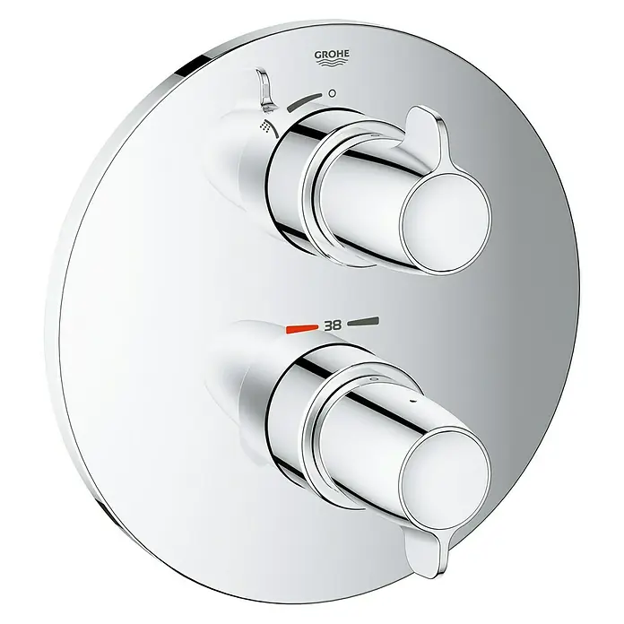 Grohe Grohtherm Special UP-Brausethermostat - Rund, Chrom, Glänzend - Nahaufnahme eines Grohe-Thermostatventils mit zwei runden Griffen und Chromoberfläche.