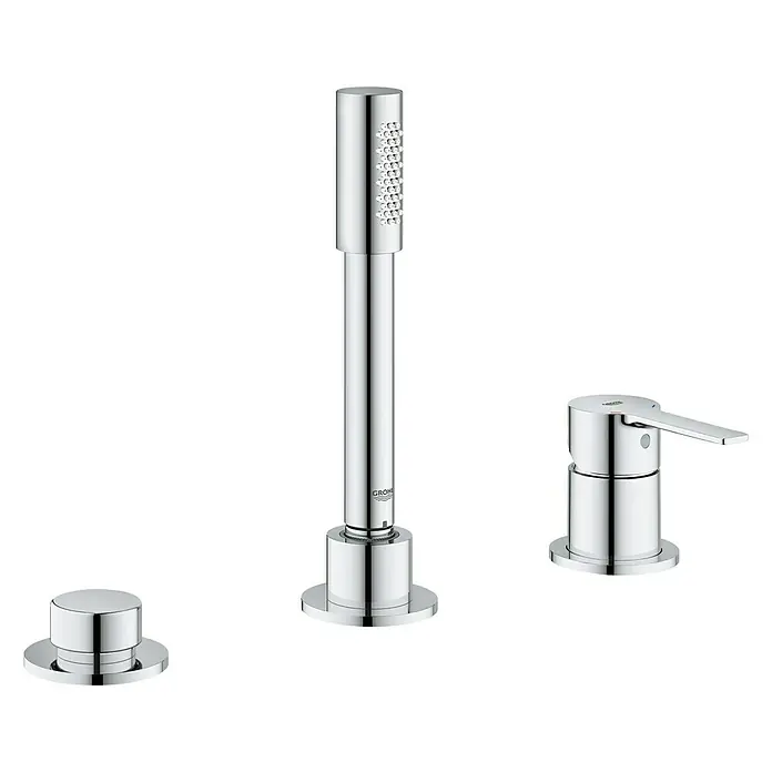 Grohe Lineare Badewannenrandarmatur - Chrom, Glänzend - Dieses Bild zeigt eine Armatur für eine Badewanne von Grohe, bestehend aus drei Teilen, die alle verchromt sind.