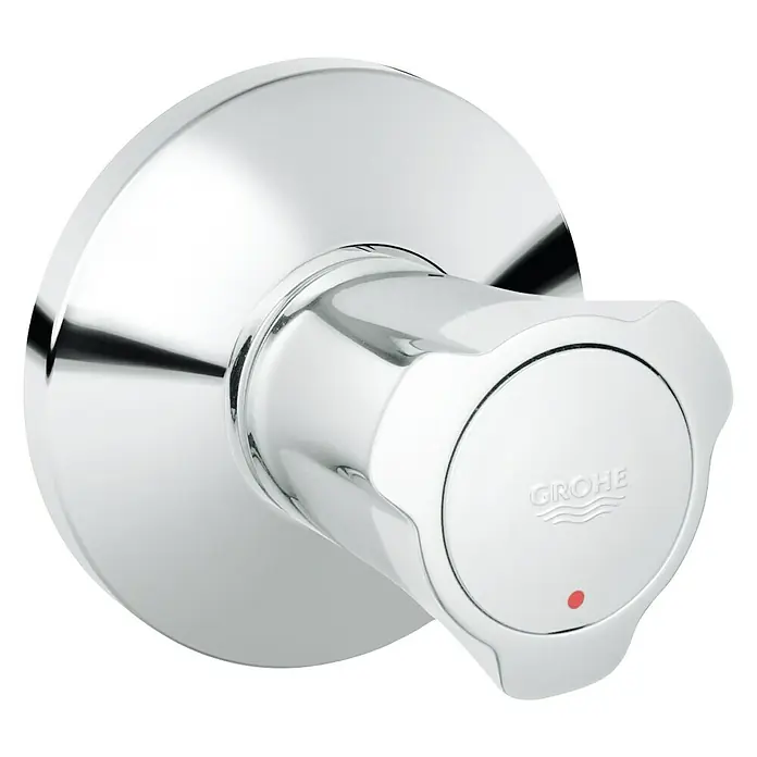 Grohe Costa UP-Ventil - Chrom/Rot, Einbautiefe: 15 mm - 35 mm, Glänzend - Nahaufnahme eines Grohe-Wasserhahns mit Chromoberfläche und rotem Punkt, der ein modernes und elegantes Design zeigt.