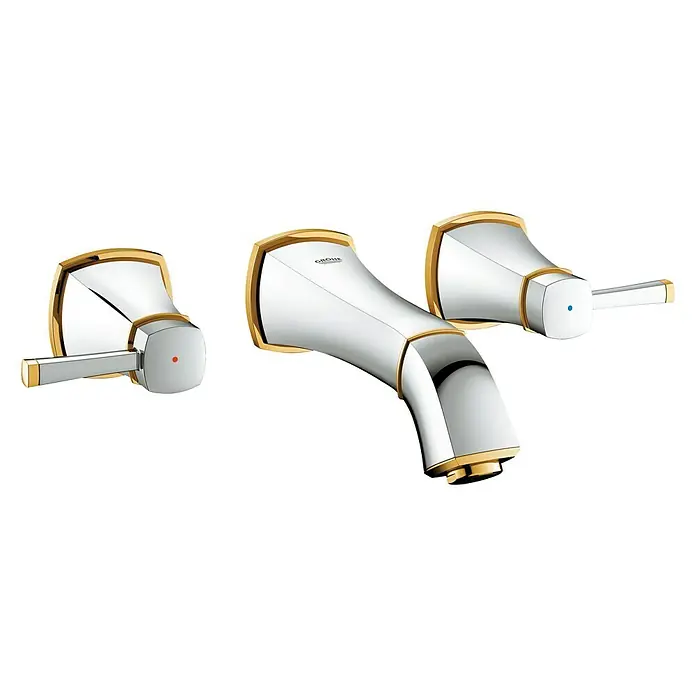 Grohe Grandera Waschtischarmatur - Wandmontage, 3 Stk., Chrom/Gold, Glänzend, Ausladung Armatur: 177 mm - Eine glänzende Grohe Waschtischarmatur mit goldenen Akzenten, die Eleganz und Funktionalität in jedem Badezimmer vereint.