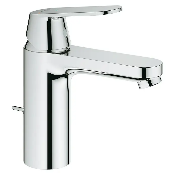 Grohe Eurosmart Cosmopolitan Waschtischarmatur M-Size mit ES-Funktion - Mit Zugstange, Chrom, Glänzend - Nahaufnahme einer glänzenden, modernen Waschtischarmatur mit Einhebelmischer, ideal für stilvolle Badezimmer.