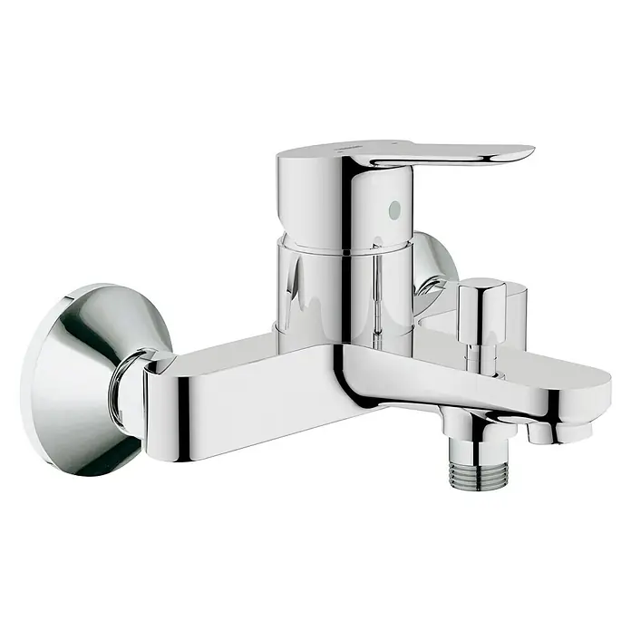 Grohe BauEdge Badewannenarmatur - Ausladung Armatur: 166 mm, Chrom, Glänzend - Glänzender Chrom-Badewannenmischer mit Einhebelmischer und praktischem Umsteller für Duschanschluss für mehr Komfort beim Baden.