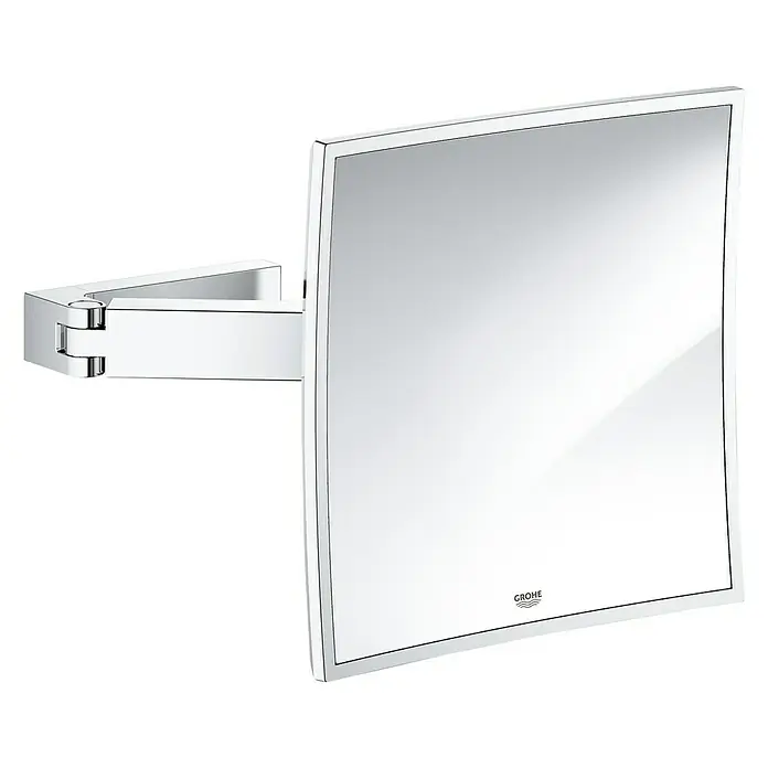 Grohe Selection Cube Kosmetikspiegel -  - Nahaufnahme eines Grohe Kosmetikspiegels mit schwenkbarem Arm, ideal für die tägliche Schönheitsroutine im Badezimmer.
