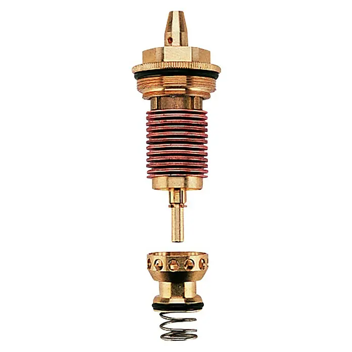 Grohe Thermostat-Ventilunterteil Grohmix - ¾″, Passend für: Grohe Grohmix Thermostate - Dieses Bild zeigt ein Messing-Wasserhahn-Ventil mit einem Kolben und einer Feder, das zur Steuerung des Wasserdurchflusses verwendet wird.