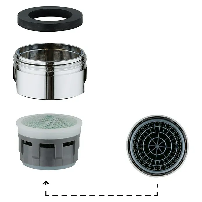 Grohe Strahlregler - M24, Durchflussmenge: 5,7 l/min, Verchromt - Bild einer zerlegten Wasserhahnbelüfterarmatur mit Gummidichtung, verchromter Fassung und Einsatz.