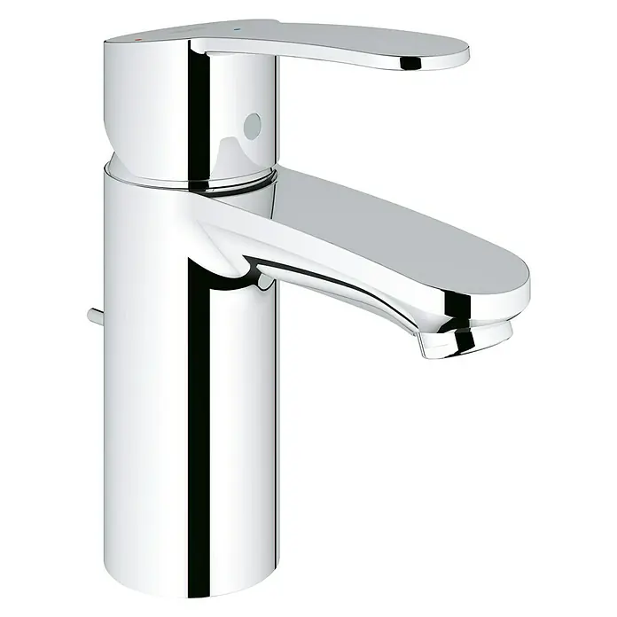Grohe Eurostyle Cosmopolitan Waschtischarmatur S-Size - Chrom, Glänzend, Mit Zugstange, Kaltwasserstart - Nahaufnahme einer glänzenden, verchromten Armatur, die durch ihr modernes Design und die klaren Linien besticht. Perfekt für jedes Badezimmer.